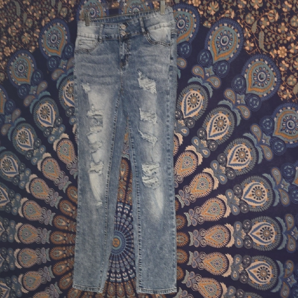 Flamingo Jeans Destroyed Acid Wash Straight Leg.